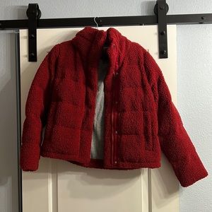 Abercrombie & Fitch medium red teddy bear puffer jacket (cropped)